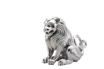 Silver Komainu statue, intricately detailed, sitting pose, symbolic guardian. background removed