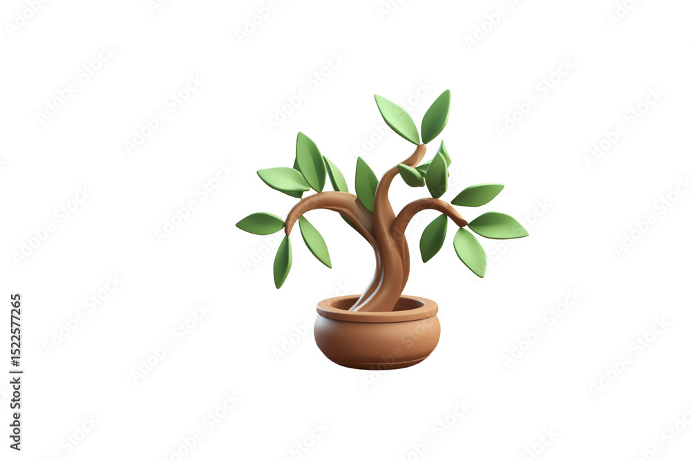 Poster a 3d rendered image of a small bonsai tree in a terracotta pot, simple and cute. background removed
