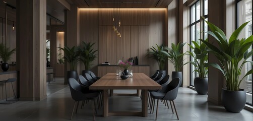 Fototapeta premium Contemporary dining interior featuring a dark oak table, matte black chairs, oversized potted plants, and clean architectural lines under soft ambient lighting.