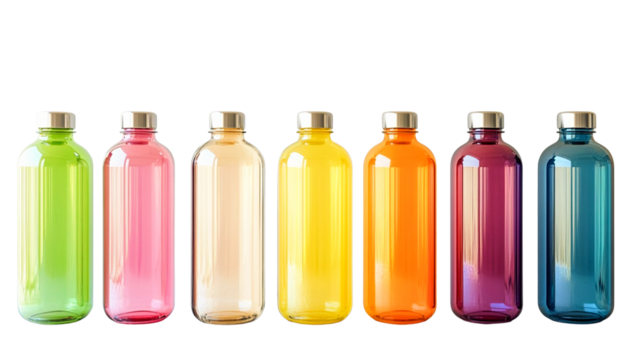 Seven colorful glass water bottles in a row, isolated on transparent background