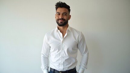 Obraz premium Smiling South Asian man in a white shirt, exuding confidence and style against a minimalistic background.