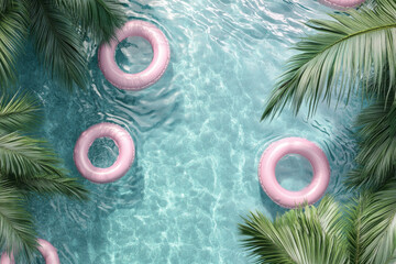 Top-down 3D view of a pool with pink float rings on the water, creating a tropical summer vibe.

