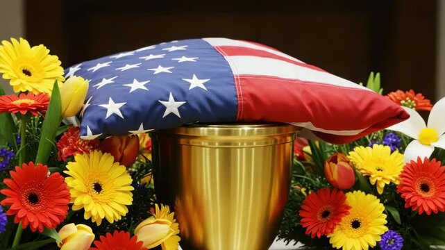 American flag draped over urn surrounded by colorful flowers. Funeral arrangement features patriotic symbol and vibrant blooms. Image perfect for memorial services or remembrance day.