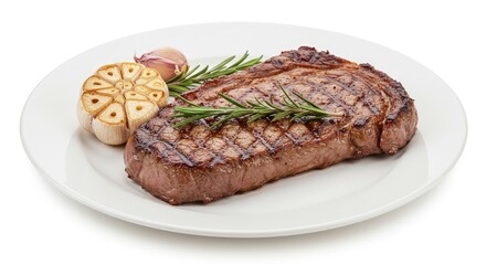 Grilled Steak with Roasted Garlic and Rosemary on a White Plate