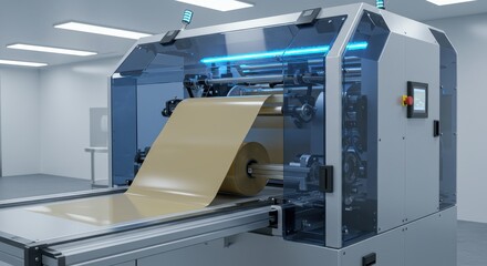 Advanced industrial machine processing large roll of paper, showcasing high technology in manufacturing environment with modern design and efficient operation.