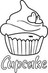 Cupcake outline vector illustration. Muffin sketch, illustration isolated on white background. Cupcake with cream and chocolate hearts and lettering
