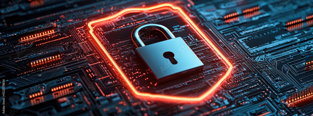 Poster red shield padlock circuit board digital security glowing technology protection cyber