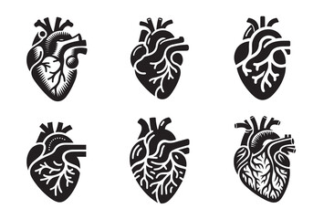 Fototapeta premium Anatomical Heart Silhouette Black Vector Set White Background
