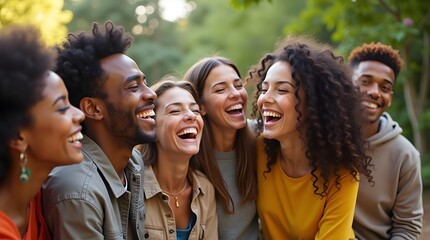 Fototapeta premium A diverse group of joyful friends sharing laughter in a sunlit park, showcasing a moment of genuine happiness.