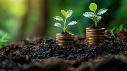Three stacks of coins with small plants growing from soil in a natural setting showcasing financial growth and sustainability