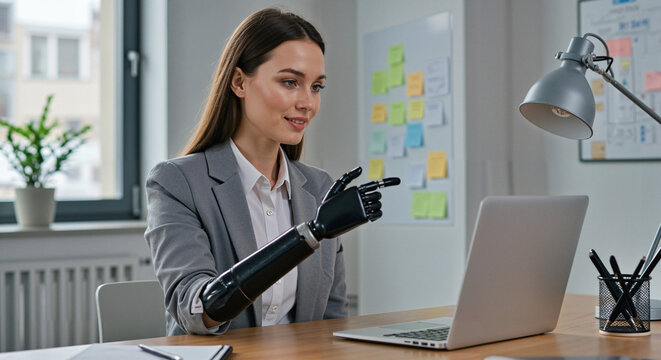 Young woman with robotic arm working on a laptop in modern office  