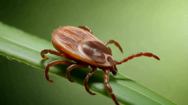 Close up of a tick on a green leaf. Parasite, insect, arthropod, disease.