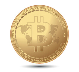 Cryptocurrency gold coin with a bitcoin symbol on the face. Vector illustration. 