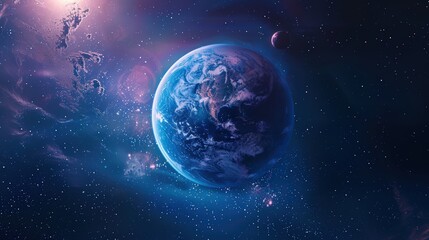 Fototapeta premium Earth and distant planet in cosmic space with nebula and stars