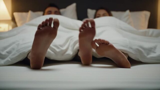 Playing footsie under a duvet, two bare feet peek out, adding a cozy and playful touch to products related to relaxation or relationships.
