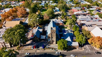 Unley Uniting Church, Unley, South Australia: Aerial Image in Autumn Featuring Historic Stone...