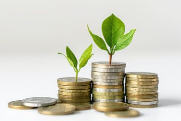 Stacks of Coins with Growing Plants on Top