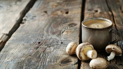 A casual outdoor scene where a cup of coffee is placed next to a bunch of freshly picked wild mushrooms, suggesting a relaxed and enjoyable snack time in the morning or afternoon.