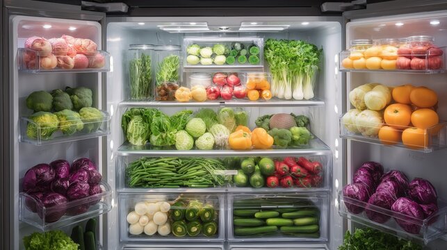 organized refrigerator interior showcasing an assortment of fresh vegetables and fruits neatly arranged in transparent drawers