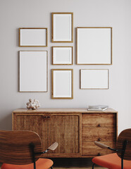 Poster frame mock-up in home interior background with commode, chairs and decor in living room, 3d render 