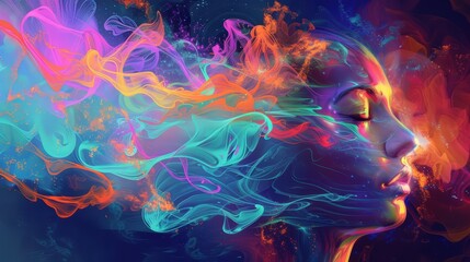 Vibrant abstract profile of young female with colorful smoke and neon swirls
