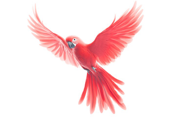 A vibrant scarlet macaw in flight against transparent background a stunning avian illustration perfect for design projects needing a tropical feel featuring exotic birds and wildlife artwork