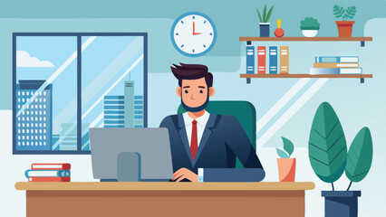 Businessman Working at Computer in Modern Office With City View and Bookshelves