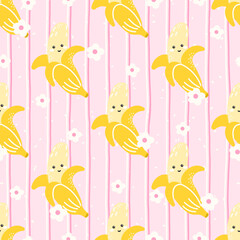 Cute bananas with faces and floral accents vector seamless pattern. Perfect for wrapping paper, textiles, or fruity childrens decor