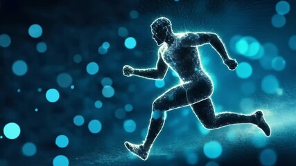 Abstract visualization of human figure running with futuristic network connections and digital particles showing motion, technology and artificial intelligence - Powered by Adobe