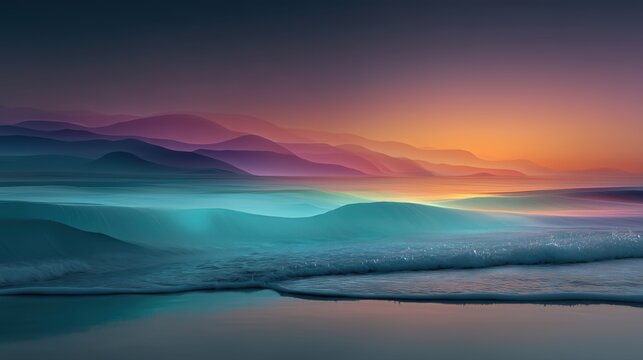 artistic background blending abstract 3D waves with gradient mountain silhouettes under a vibrant sunset sky