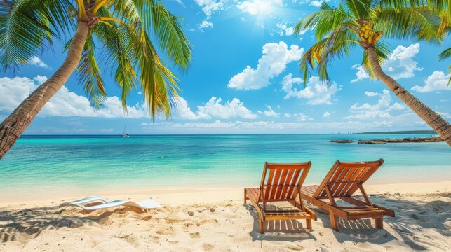 Tropical beach paradise with palm trees and lounge chairs under clear blue sky