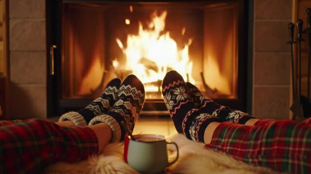 Playing footsie by the fireplace a couple enjoys a cozy night. Suitable for romantic or cozythemed designs and concepts.