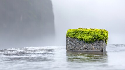Moss Covered Cubic Rock in Ambient Light and Rain
