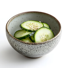 Close-Up of Japanese Cucumber Sunomono in Elegant Pottery Bowl