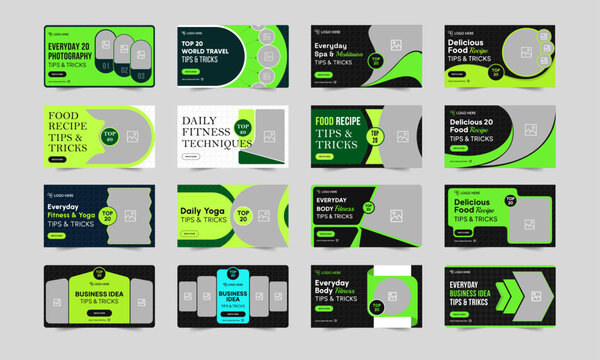 Multipurpose tips and tricks video thumbnail banner design, daily exercise, food recipe, marketing techniques video cover banner design, bundle video thumbnail banner design, vector eps 10 file format