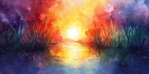 Vibrant watercolor painting of a sunset over a tranquil lake, with reeds and colorful reflections in the water.