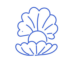 Minimalistic outline of sun rising behind seashell drawn with single blue line. Hand-drawn sketch style marine emblem.