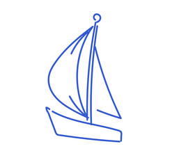 Minimalistic outline of sailing boat drawn with single blue line. Hand-drawn sketch style sailboat silhouette. Nautical and sea travel concept