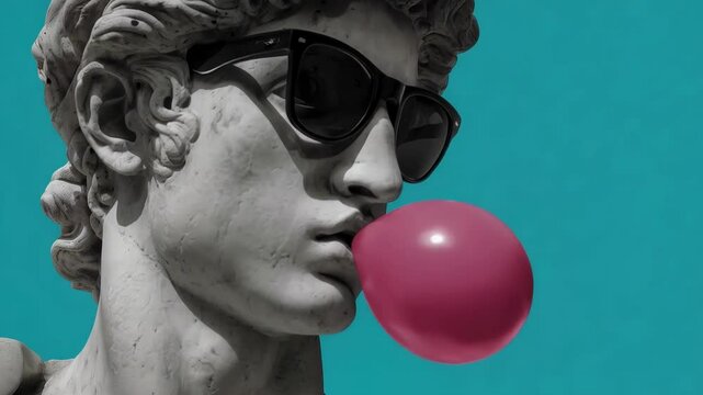 Modern art meets classical sculpture with playful bubble gum in a vibrant setting featuring a statue wearing sunglasses