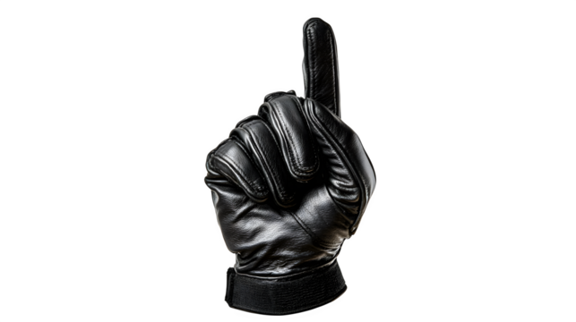 Cricket umpire's finger raised signaling 'OUT', wearing black gloves, isolated on transparent background 