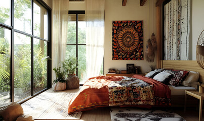 A modern boho bedroom with eclectic prints, wooden accents, and natural light streaming through big windows