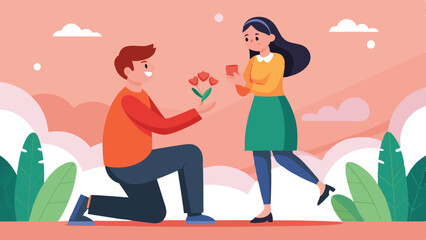 Cartoon Man Proposing with Heart Flowers to Woman Holding a Gift Box Illustration