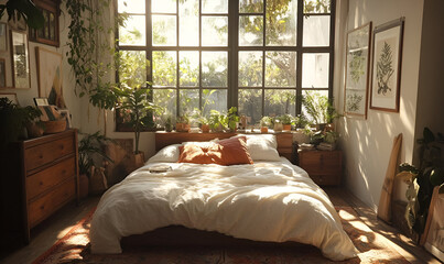 A modern boho bedroom with eclectic prints, wooden accents, and natural light streaming through big windows