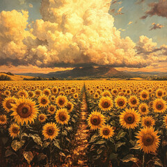 Fototapeta premium Sunflowers in a field painting.