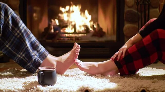 Playing footsie by the fireplace captures a cozy moment suitable for winter, pajama, relationship, cozy, home, romance, warmth, relaxation concepts.