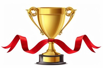 Golden Trophy with Red Ribbon on White Background