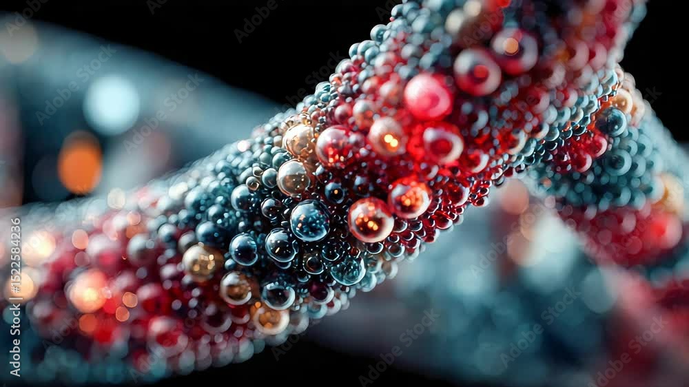 Poster hyper-realistic rendering of a dna helix in red, orange, and gray particle form, illustrating molecu