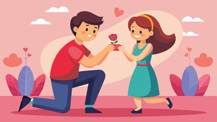 Young Man Proposing to Woman with Potted Rose Against Pink Background and Clouds