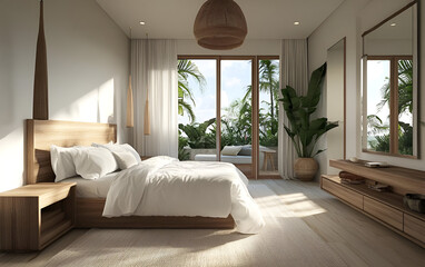 Fototapeta premium A modern coastal-inspired bedroom with crisp white linens, natural wood, and beachy accents