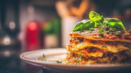 baked lasagna with basil, blurry Italian grandma kitchen background